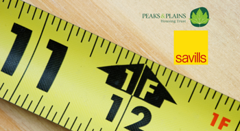 Close up of tape measure with Savills and Peaks & plains logo in the top right